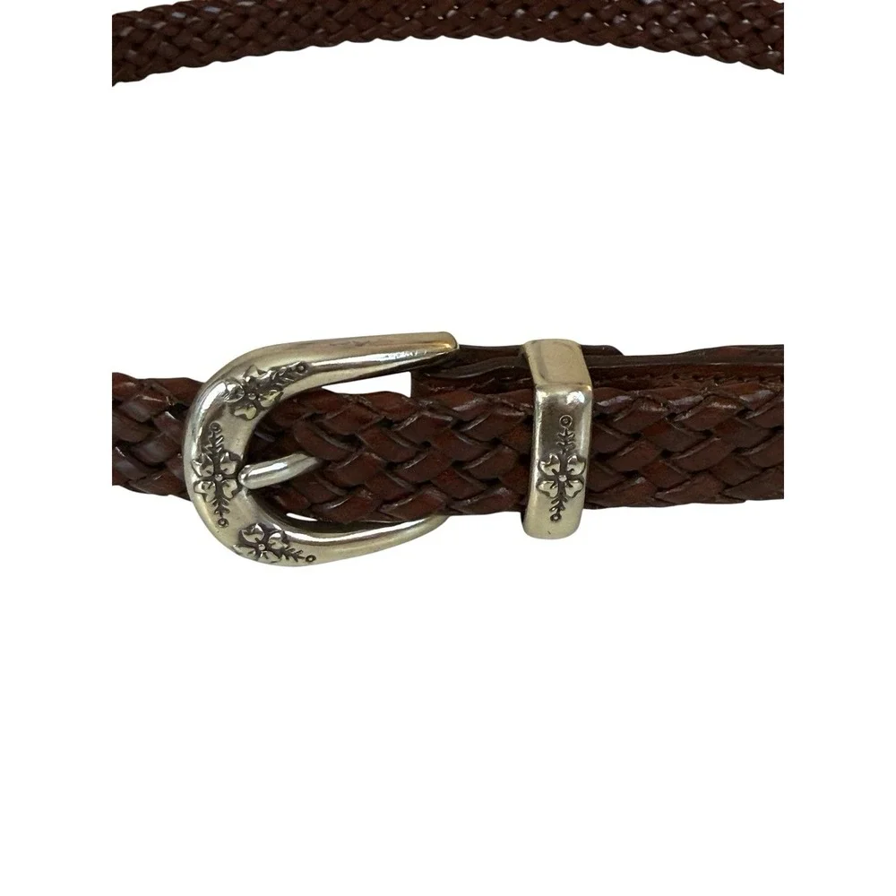 Womens Brown Braided Leather Belt Silver Tone Floral Engraved Buckle Size Large